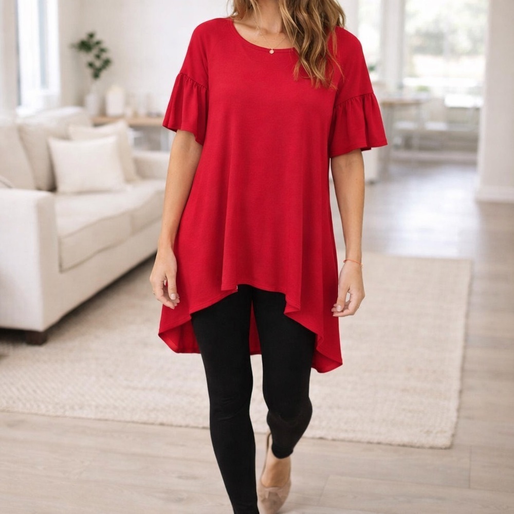 Agnes & Dora Cherry Red Ruffle Sleeve Tunic Top Hi Lo Soft Modal Blend Med NWT